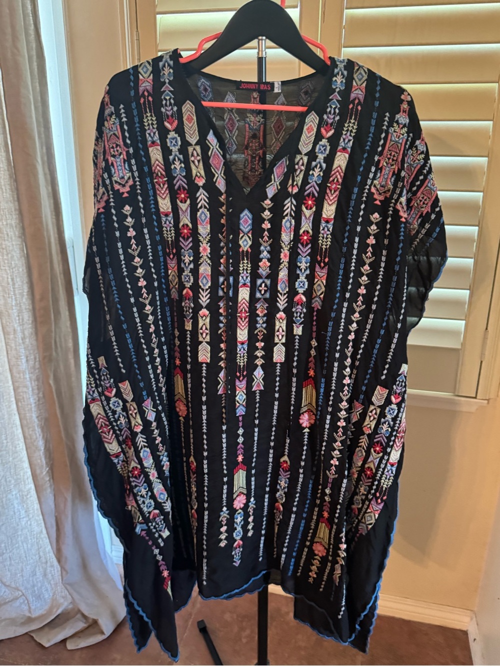 NWOT Johnny Was Black Embroidered V-Neck Tunic with Multicolor Details